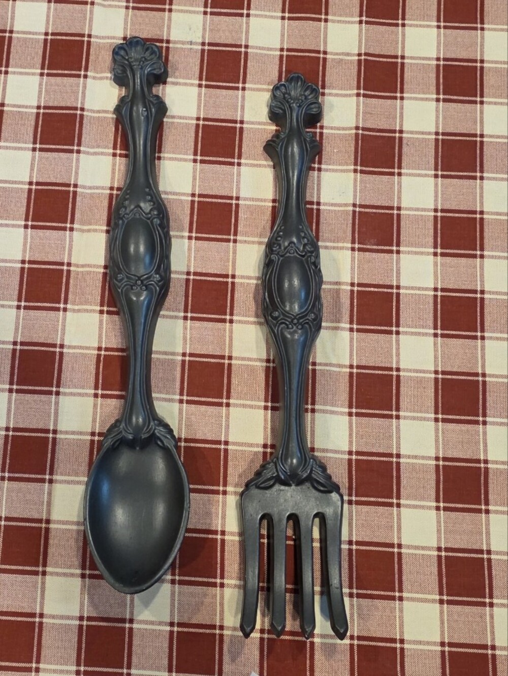 Vintage 1970s Decorative Black Serving Spoon and Fork Set Plaster Wall Hangings
